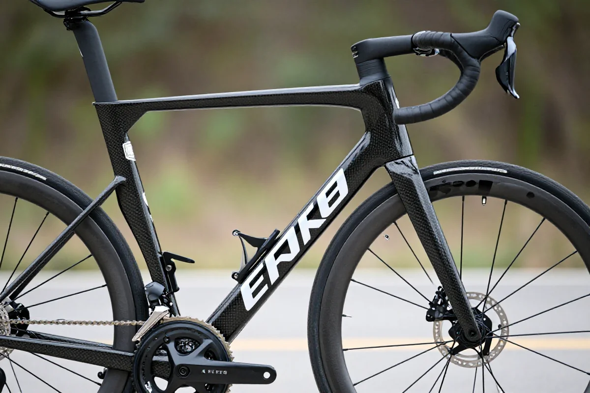 Szczegółowy obraz ramy roweru szosowego, ukazujący jego zaawansowaną konstrukcję.