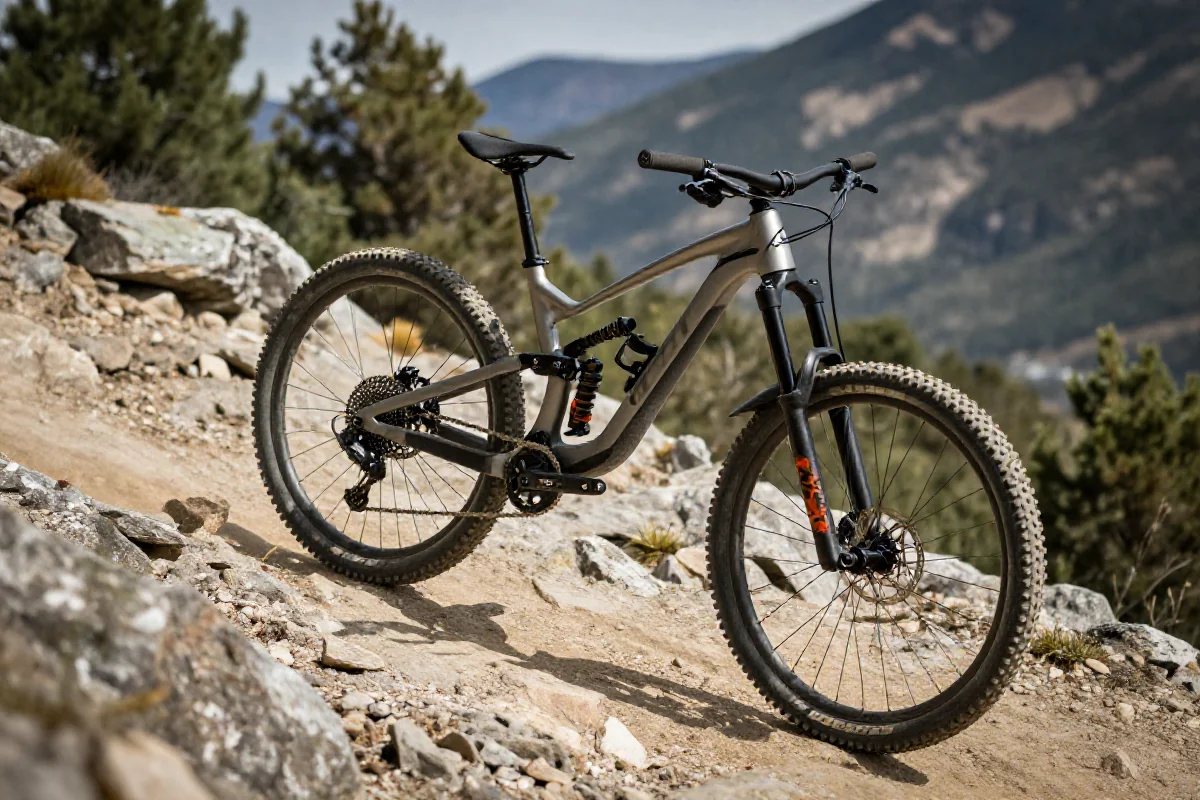 Rower górski na trudnym terenie, ukazujący technikę jazdy MTB.