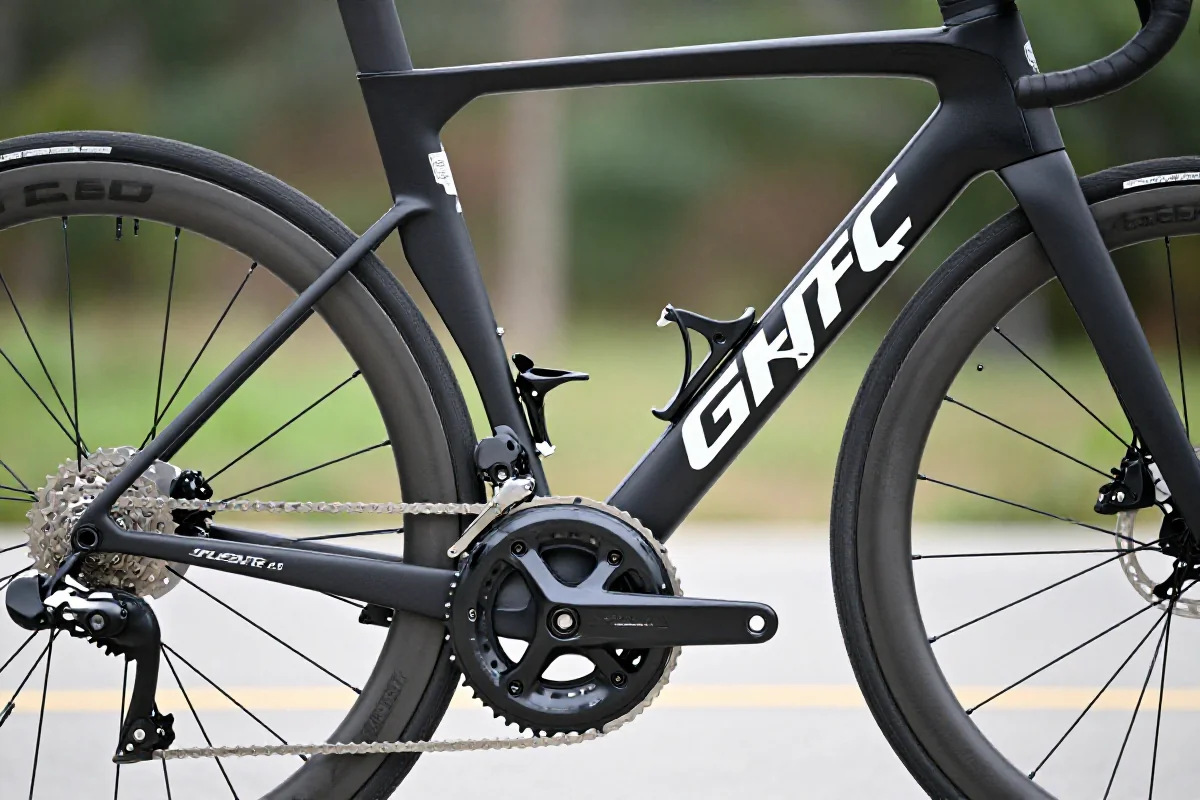 Szczegółowy widok nowoczesnej ramy roweru szosowego z komponentami VO2max.