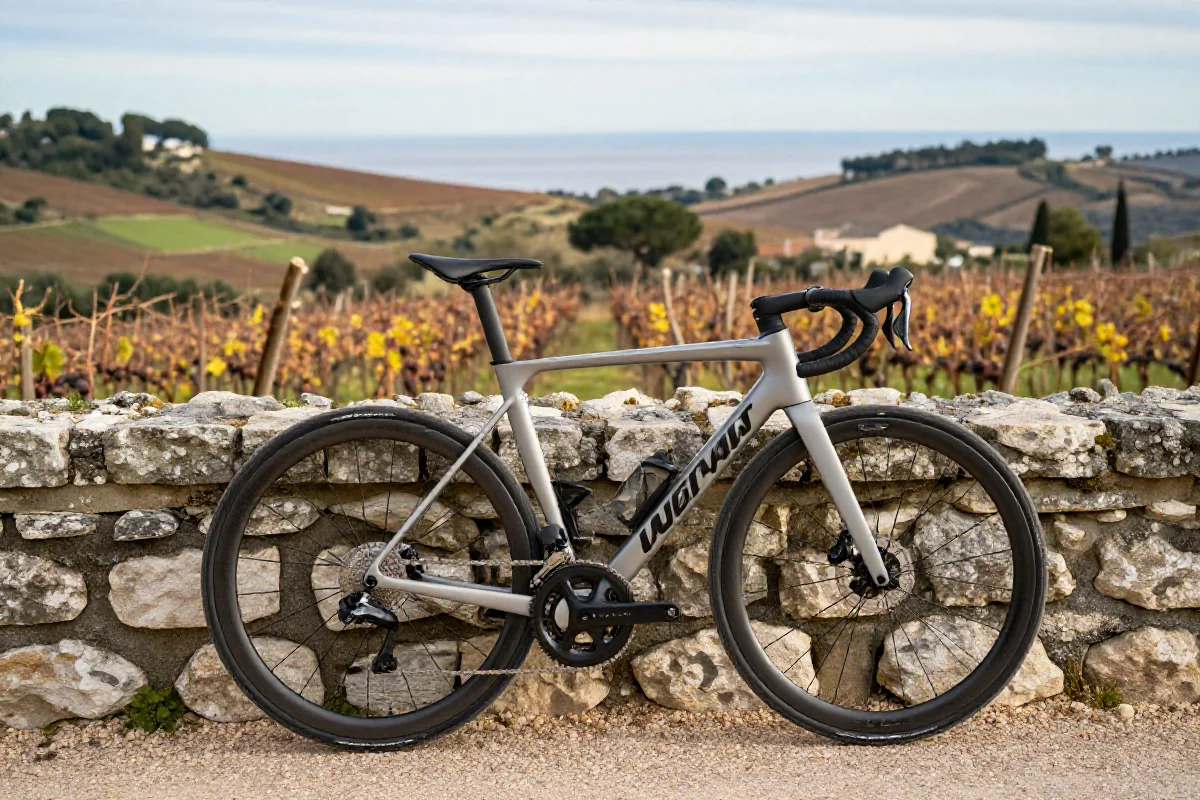 Rower szosowy w Prowansji, malowniczy krajobraz z winnicami i morzem.