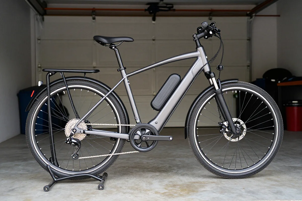 E-bike w garażu, zabezpieczony do długoterminowego przechowywania.