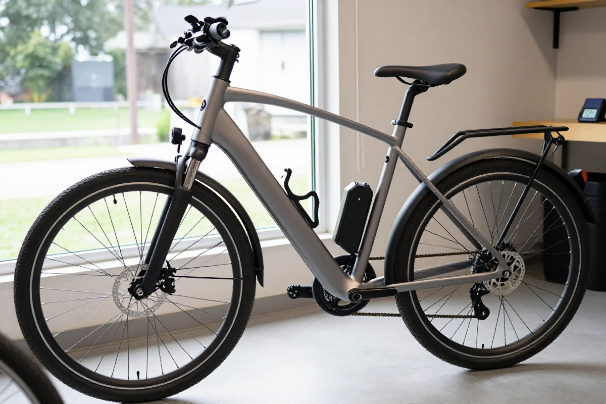 E-bike przechowywany w czystym i dobrze zorganizowanym pomieszczeniu.