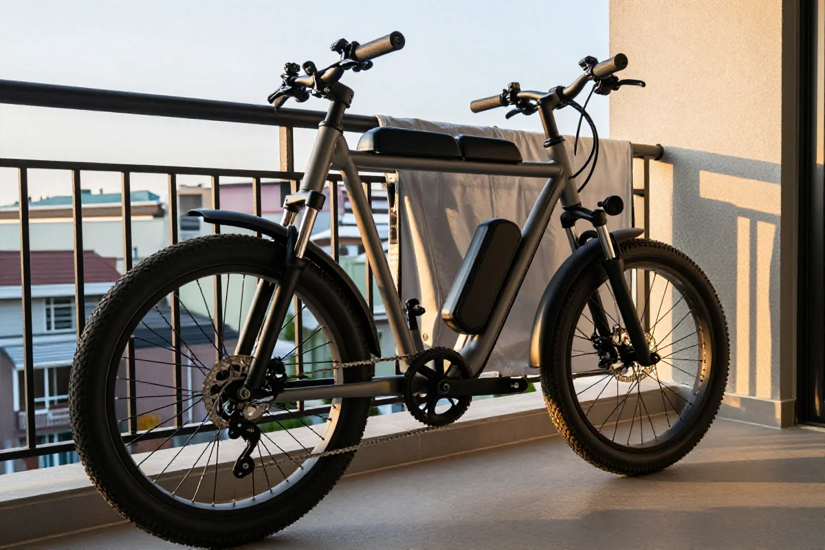 Rower elektryczny na balkonie, z widokiem na miejskie budynki w tle.