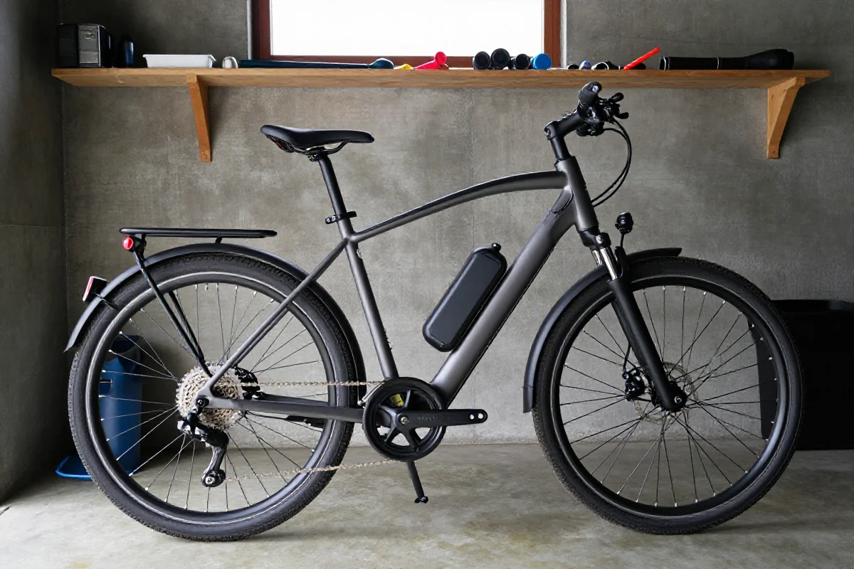 E-bike w nieogrzewanym garażu, ukazujący szczegóły techniczne i komponenty.