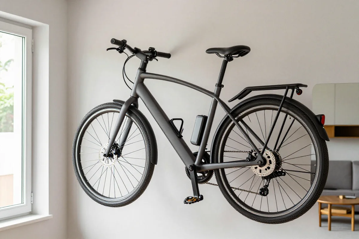 E-bike przechowywana na uchwycie ściennym w małym mieszkaniu.