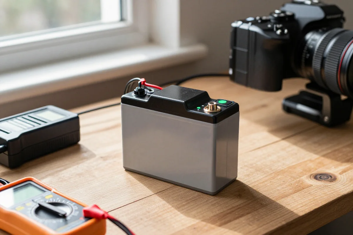 Bateria litowo-jonowa do roweru elektrycznego na warsztacie, pokazująca optymalny poziom naładowania.