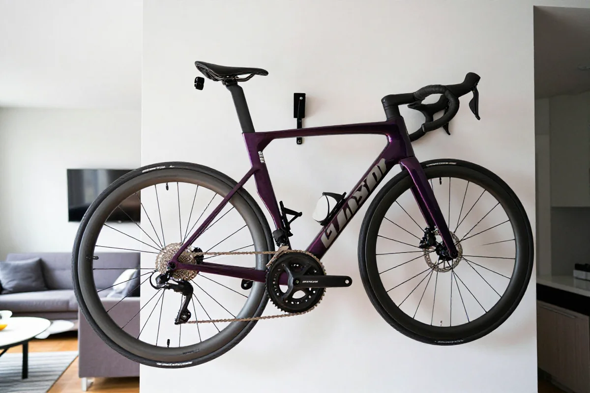 Rower szosowy na uchwycie ściennym w nowoczesnym mieszkaniu