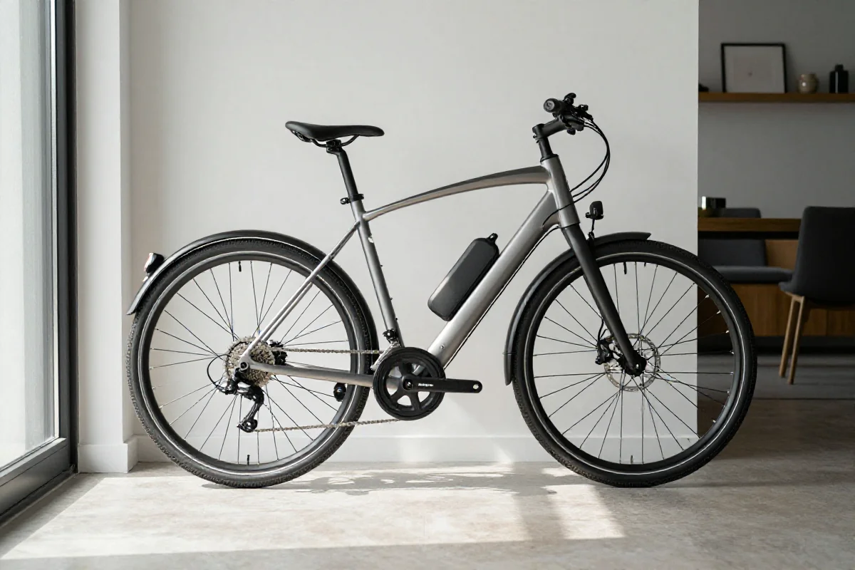 Rower elektryczny przechowywany w nowoczesnym mieszkaniu, z widocznymi detalami technicznymi.