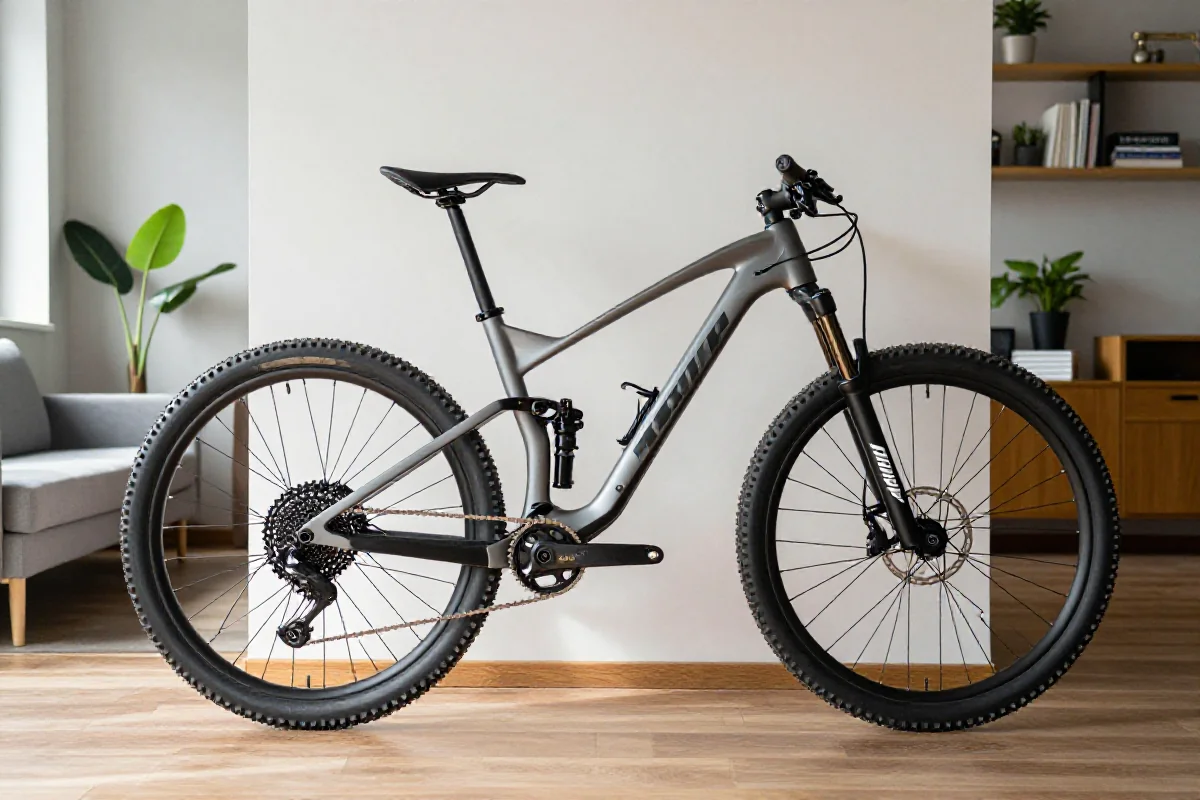 Nowoczesny rower górski przechowywany w eleganckim salonie mieszkania.