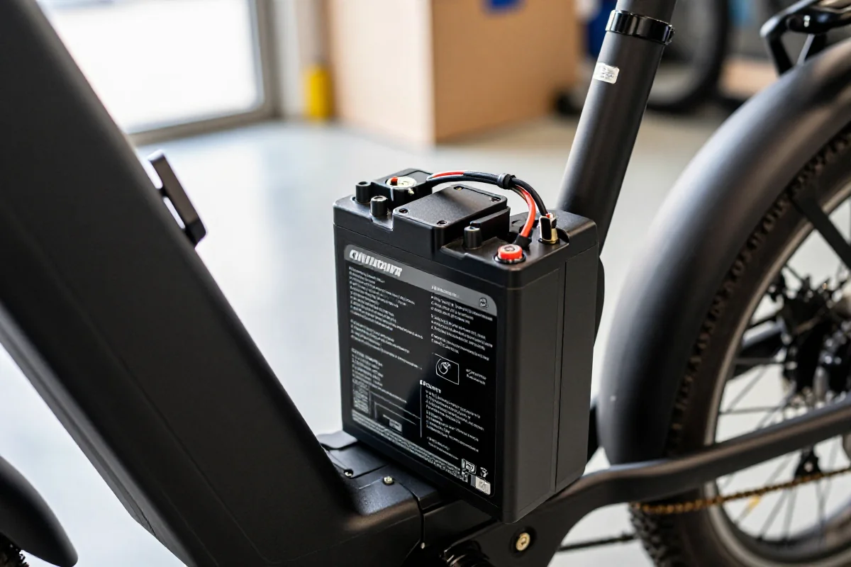 Akumulator e-bike w garażu, z detalami technicznymi i oświetleniem naturalnym.