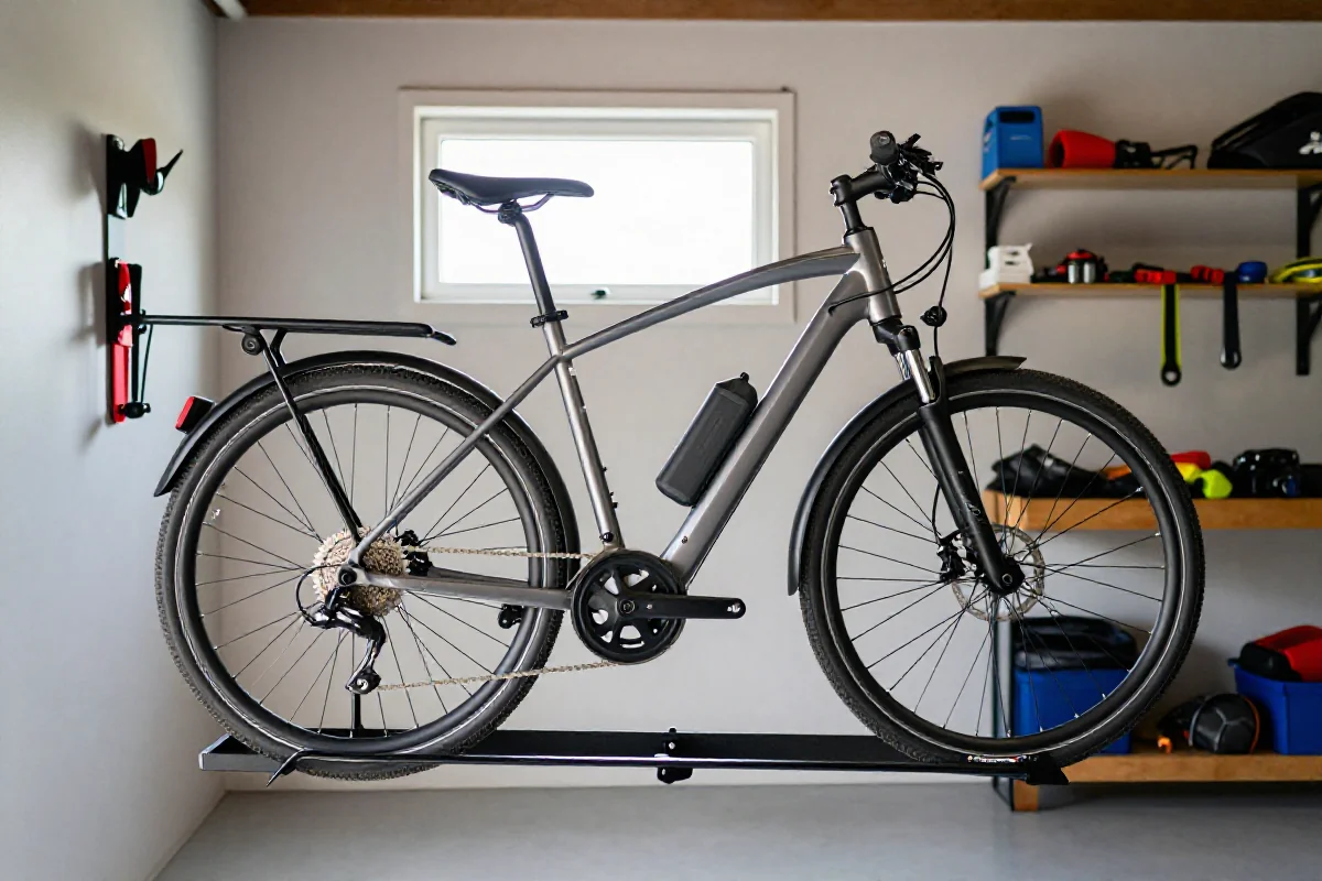 Przechowywanie roweru elektrycznego w garażu zorganizowanym, ukazującym jego komponenty.