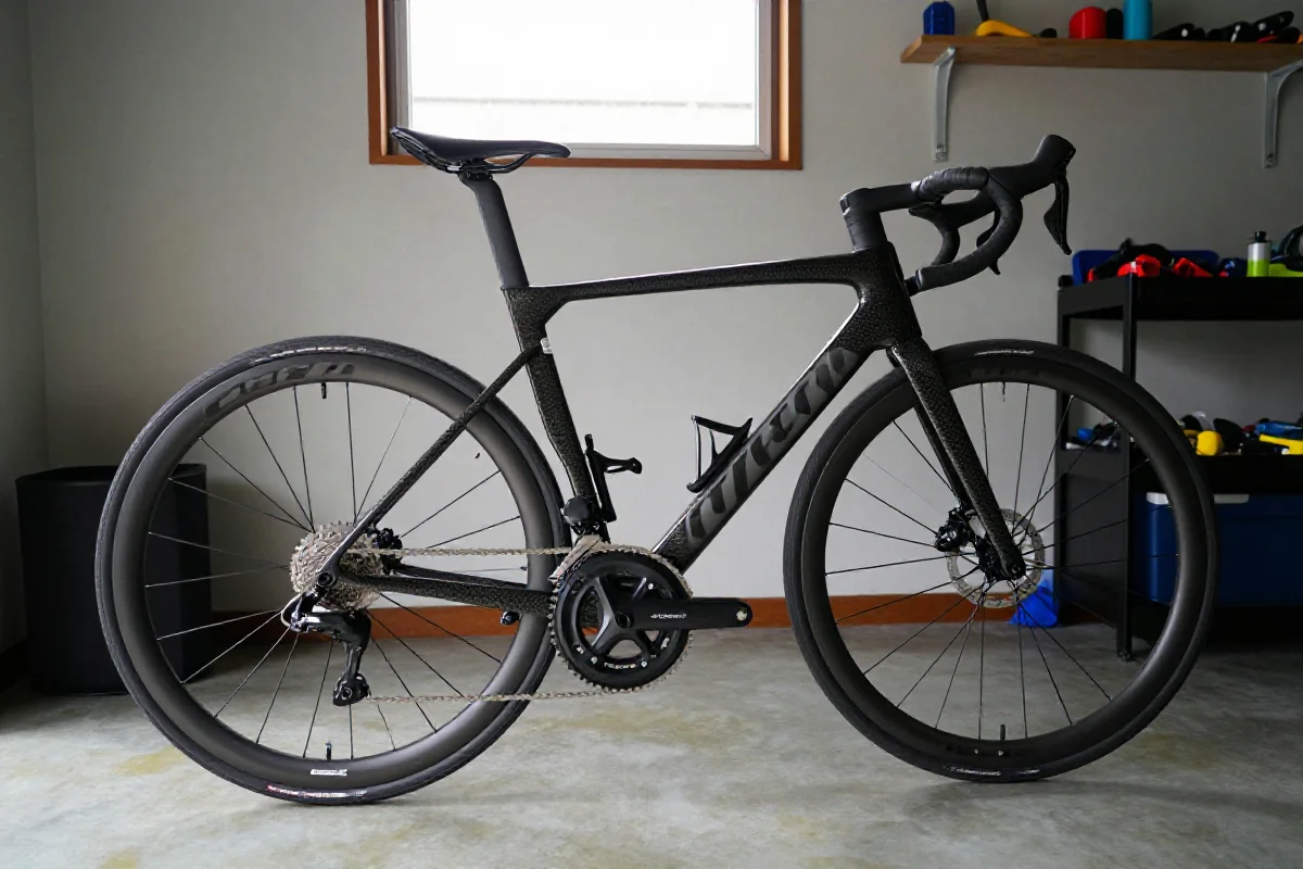 Zimowe przechowywanie roweru szosowego w garażu dla ochrony komponentów.