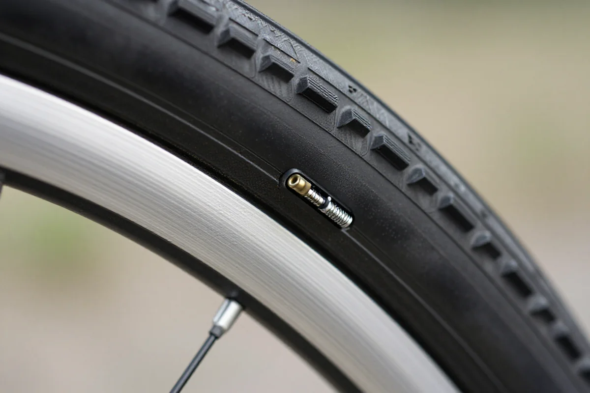 Zawór tubeless w obręczy rowerowej z widocznymi bąbelkami uszczelniającego mleczka.