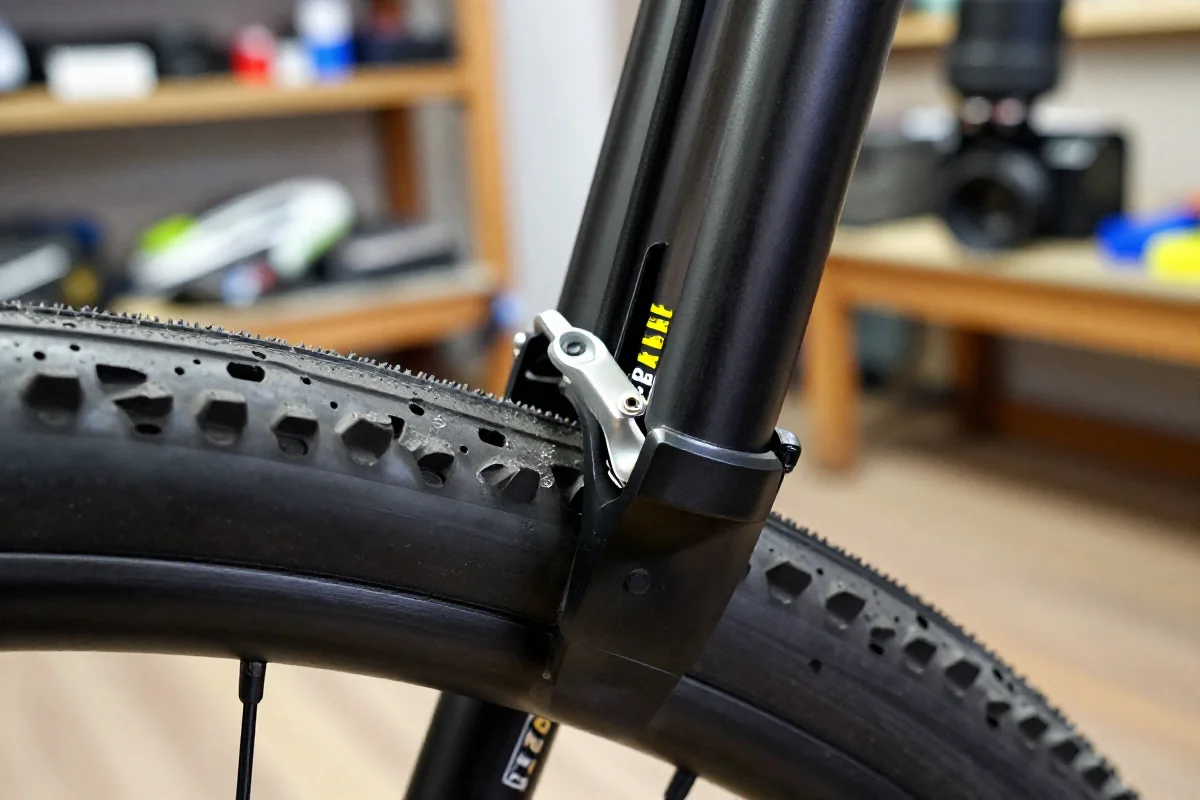 Zawór tubeless w rowerze górskim z widoczną nieszczelnością powietrza.