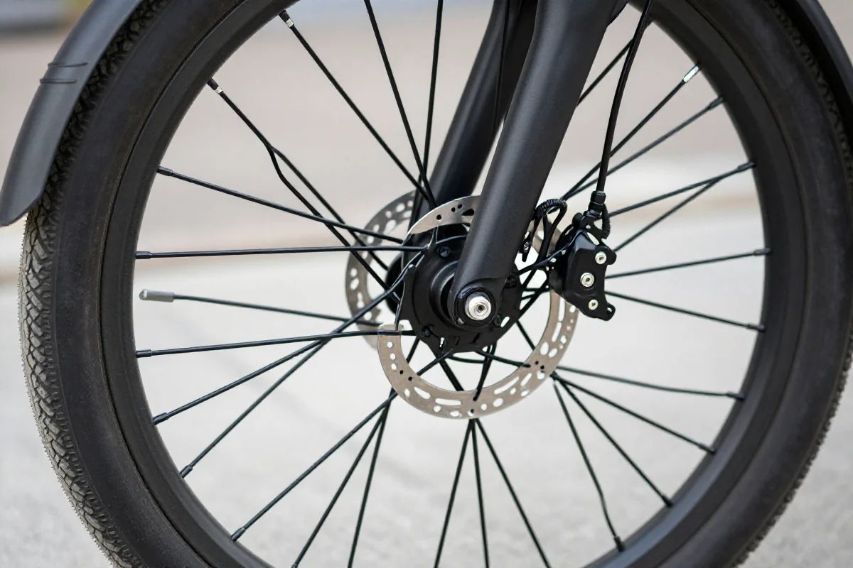 Zbliżenie na silnik piasty przedniej w rowerze elektrycznym.