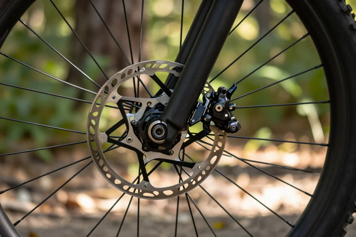 Hydrauliczne hamulce tarczowe roweru górskiego w naturalnym otoczeniu.