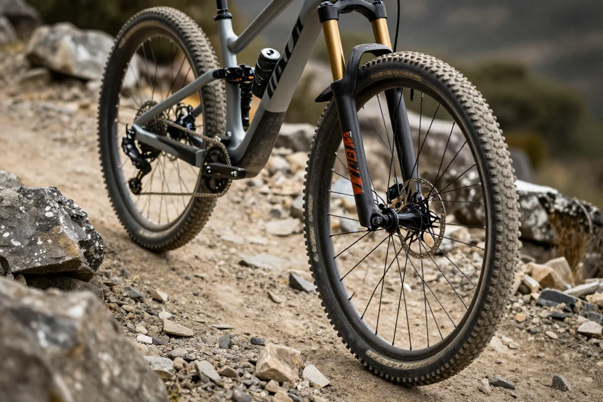 Bliskie ujęcie kół roweru górskiego na stromym podjeździe.