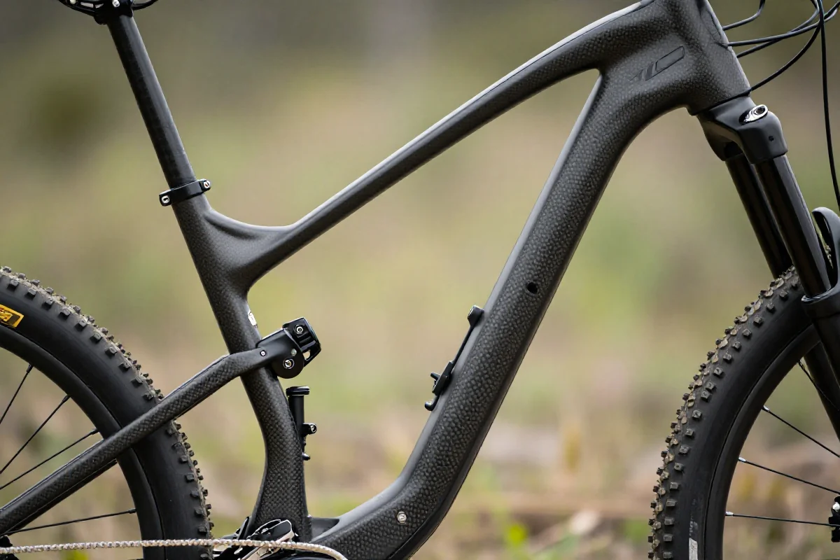 Zbliżenie na ramę roweru górskiego wykonana z włókna węglowego.