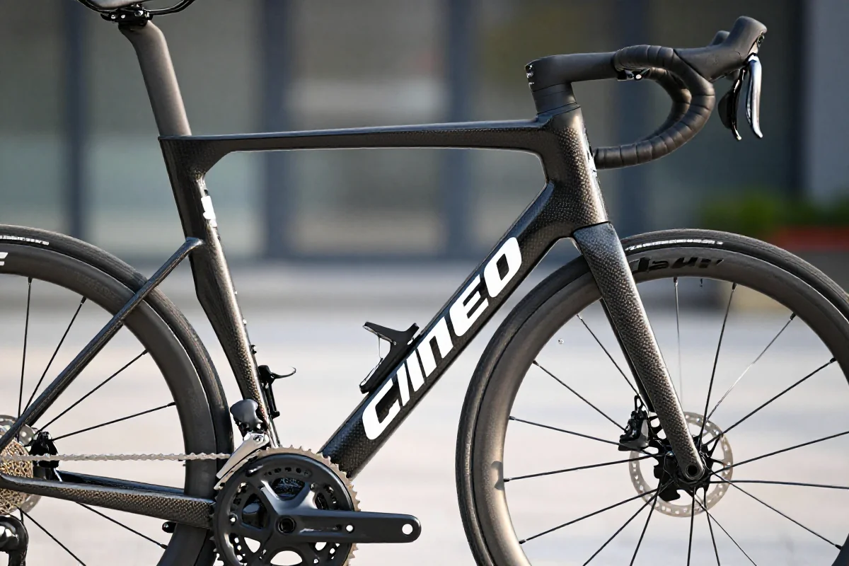 Zbliżenie na wysokiej klasy ramę roweru szosowego z detalami technicznymi.