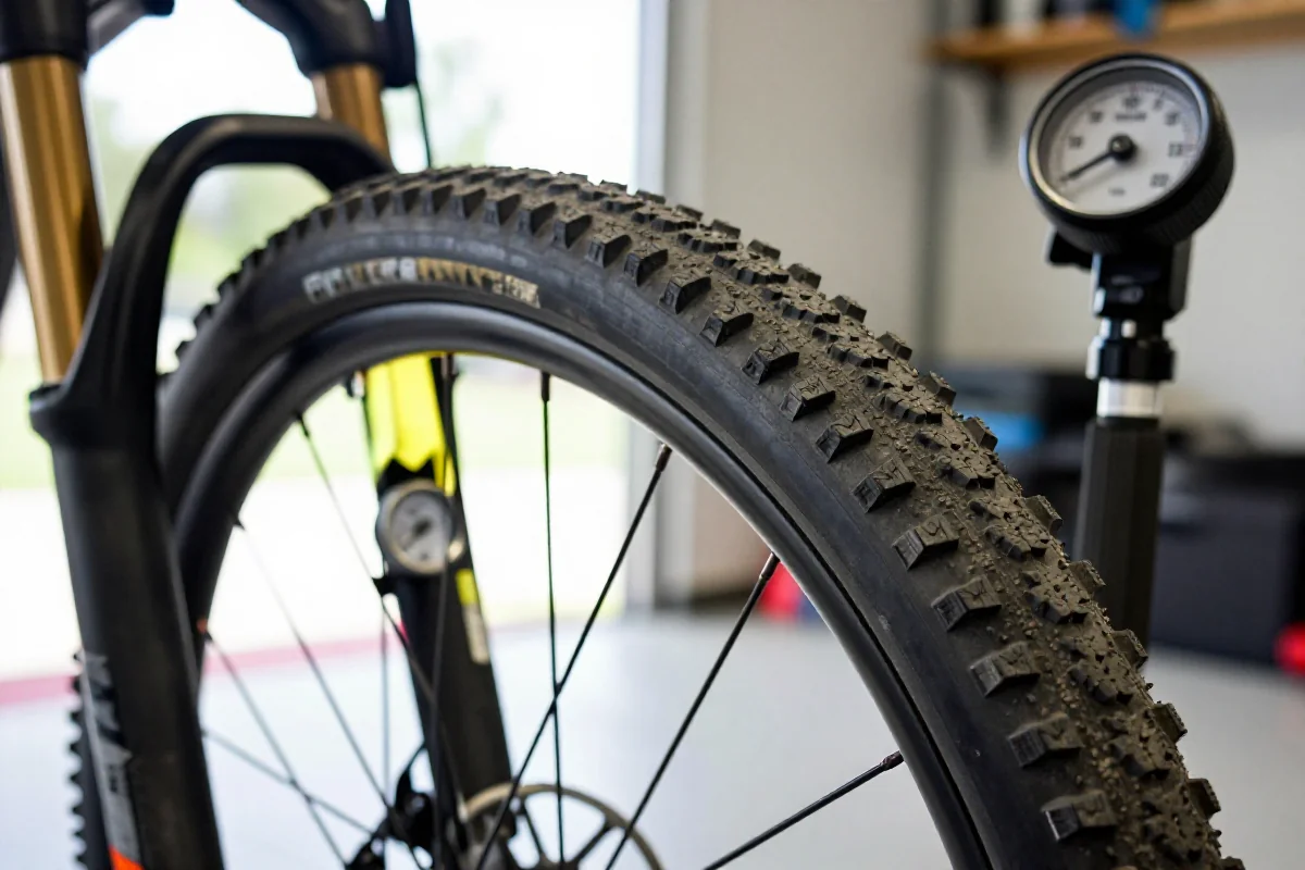 Szczegóły opony roweru górskiego przed maratonem MTB, kontrola stanu i ciśnienia.