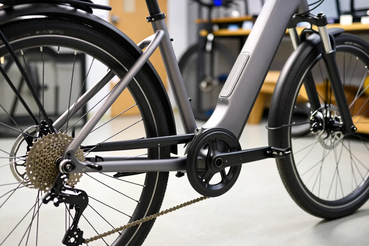 Szczegóły elektrycznego roweru w warsztacie, podkreślające komponenty i konserwację.