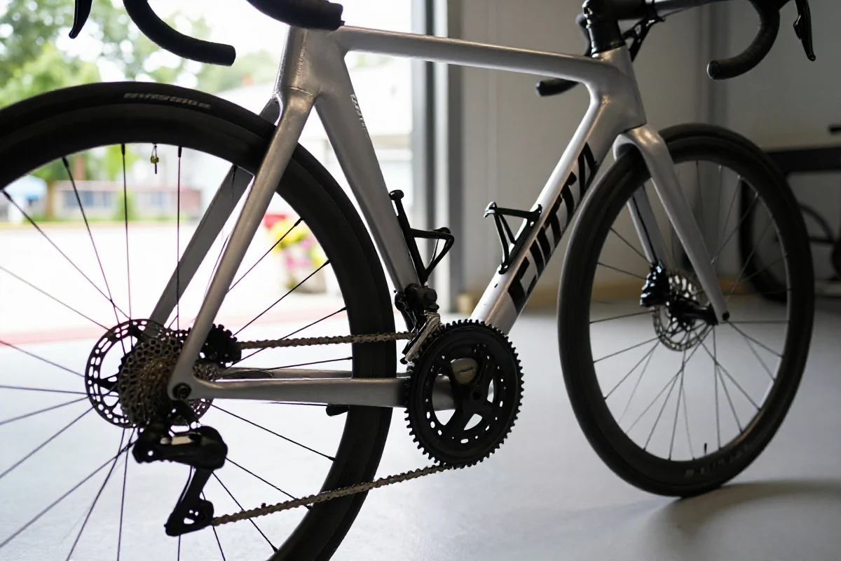 Rower szosowy w garażu, z detalami ramy i komponentów do konserwacji.