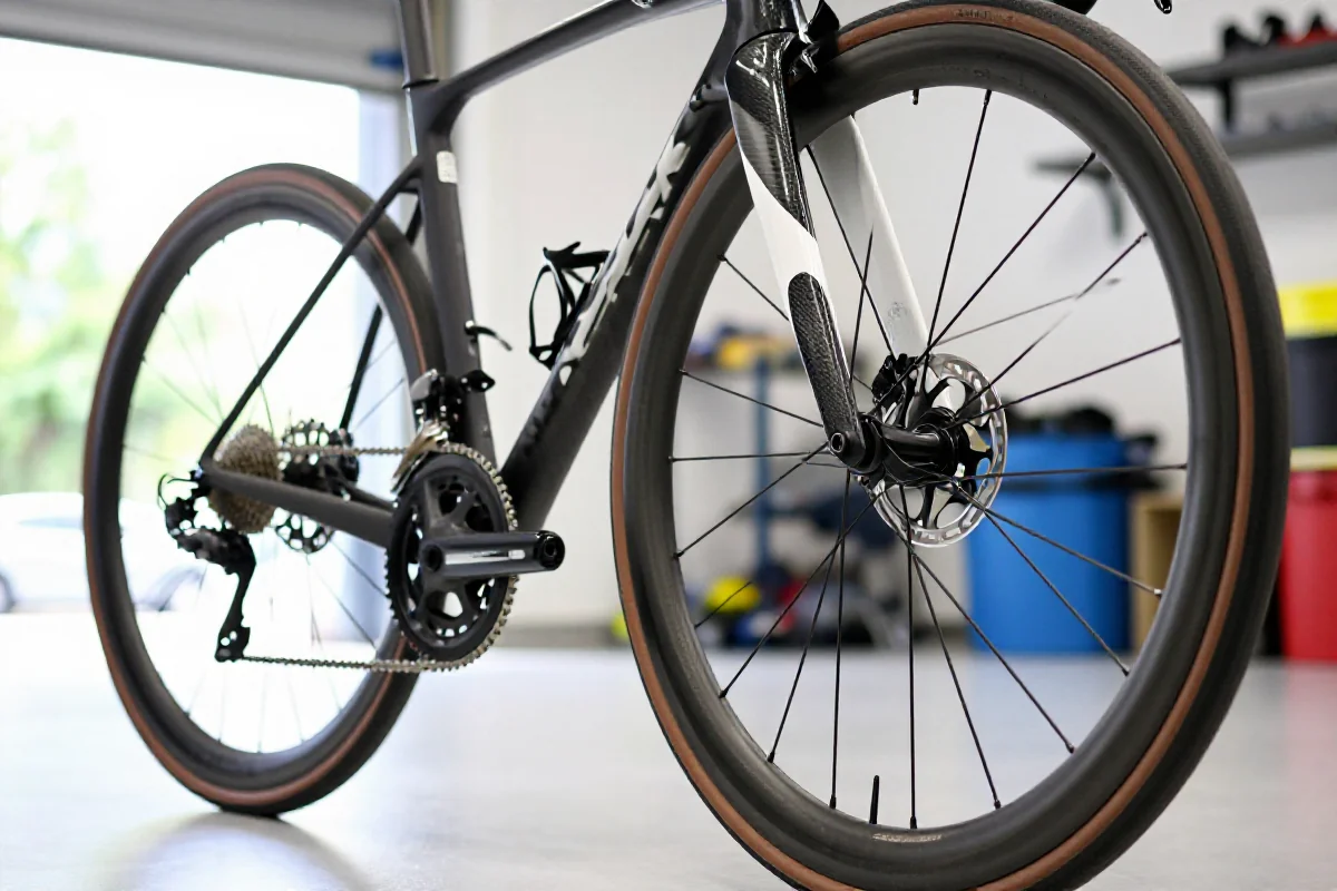 Przegląd roweru szosowego z bliska przed sezonem, szczegóły hamulców i opon.