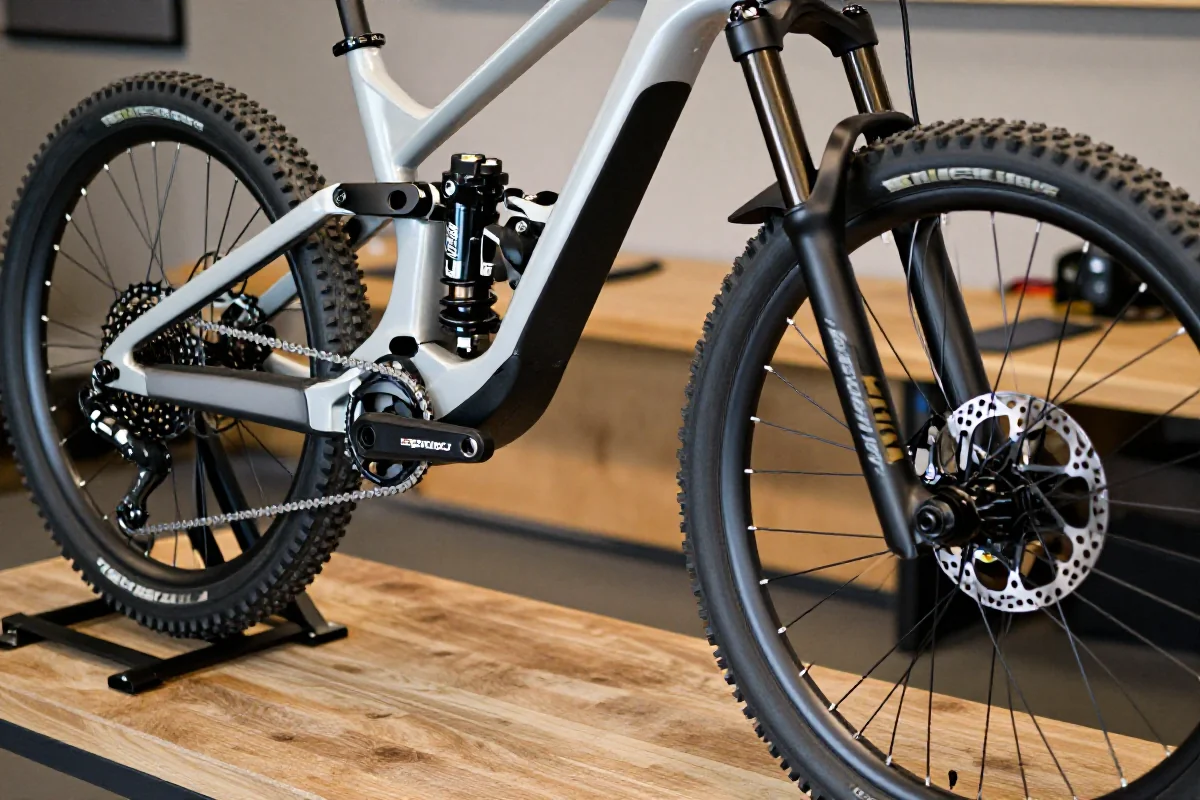 Szczegóły roweru trailowego na warsztacie, przedstawiające komponenty i konserwację.