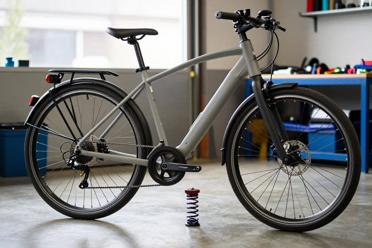 Elektryczny rower w trakcie przeglądu wiosennego w dobrze oświetlonym warsztacie.