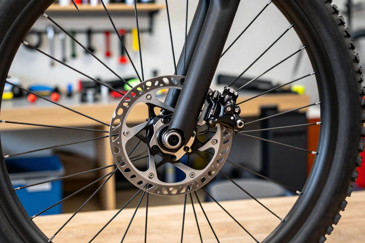 Szczegóły hydraulicznego hamulca tarczowego w rowerze górskim na warsztacie