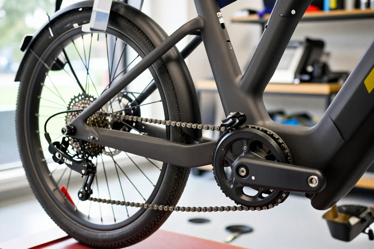 Szczegółowa kontrola komponentów roweru elektrycznego w serwisie.