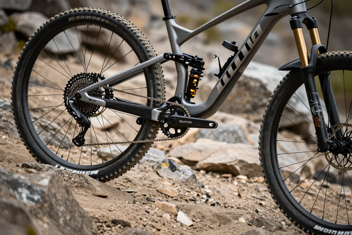 Nowoczesny rower górski na podjeździe, ukazujący zaawansowane techniki jazdy.