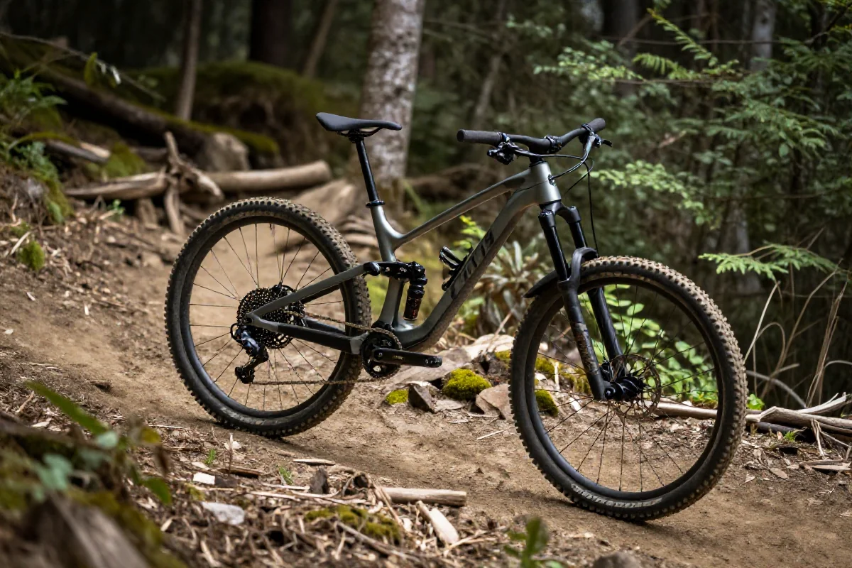 Rower górski na trudnej trasie, ukazujący szczegóły techniczne i pozycję jazdy.