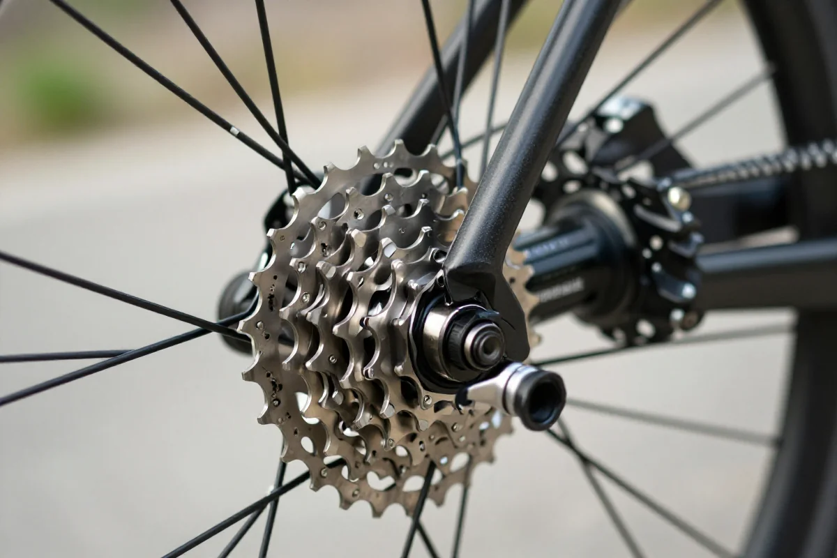 Bliska fotografia kasety rowerowej zewnętrznej na bębnie piasty tylnego koła.