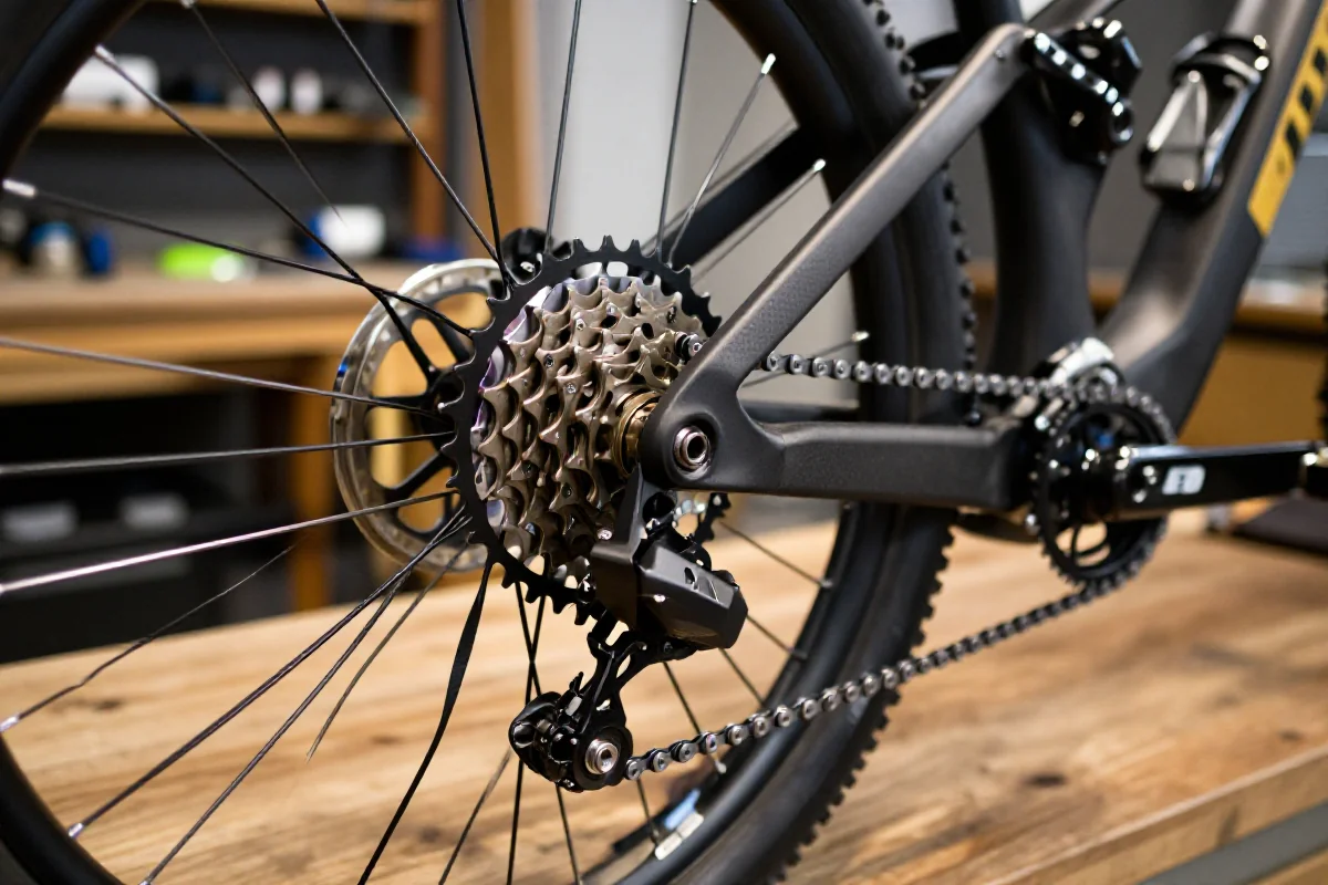 Szczegółowy widok na układ biegów roweru górskiego na drewnianym warsztacie.