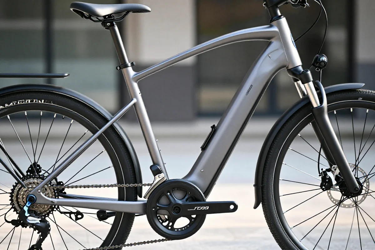 Szczegółowy widok ramy roweru elektrycznego w miejskim otoczeniu.