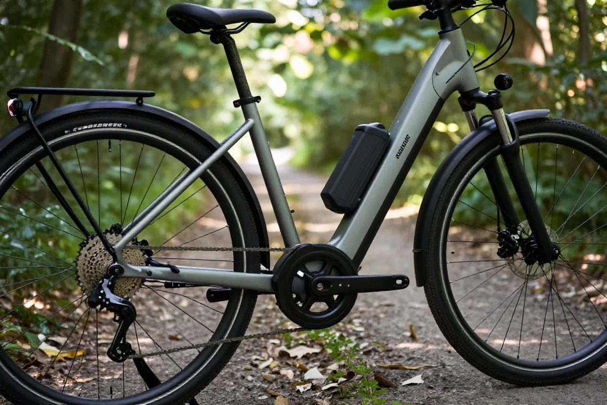 E-bike na leśnej ścieżce, pokazujący szczegóły techniczne i naturalne otoczenie.