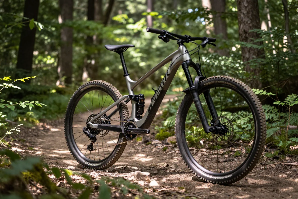 Rower górski na leśnym szlaku w Polsce, przedstawiający detale i akcesoria.