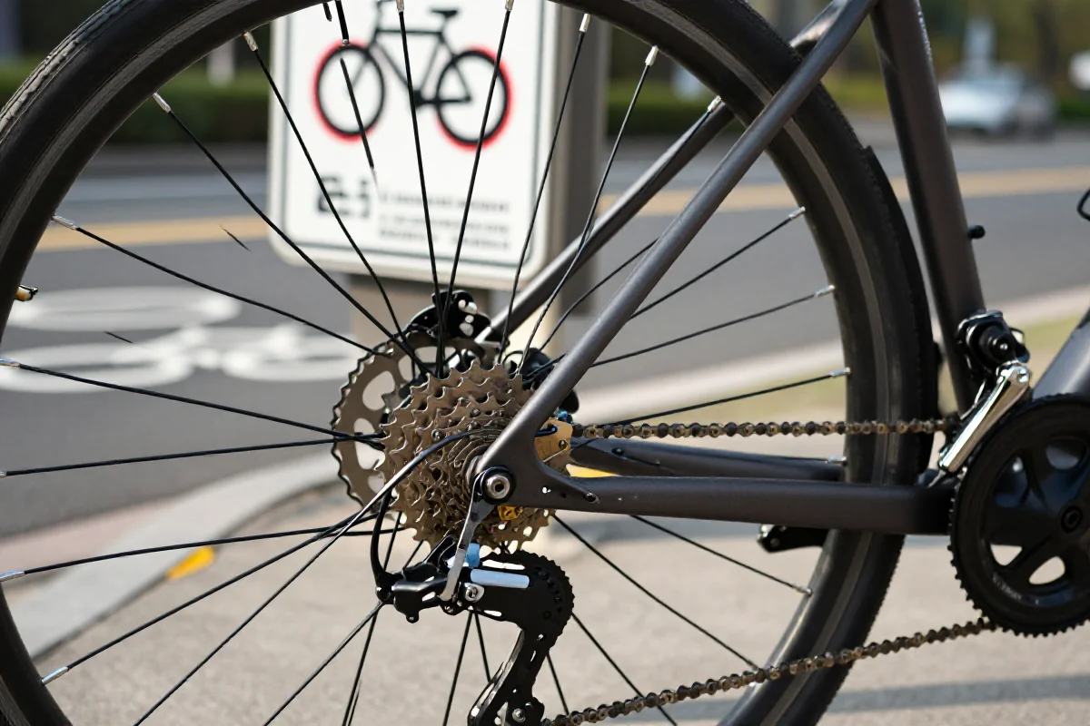 Zbliżenie na rower z widocznymi detalami technicznymi obok znaku drogowym dla rowerzystów.