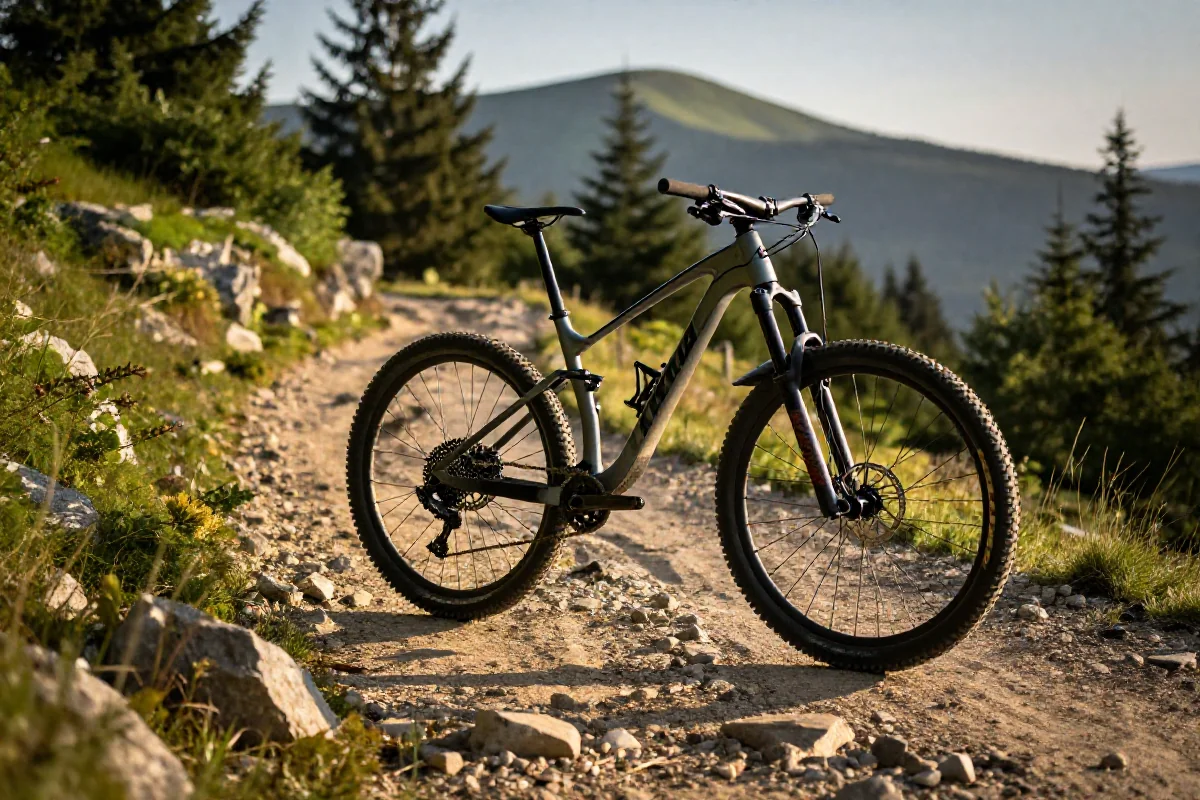 Rower górski na szlaku w Beskidach, pokazujący detale i otoczenie.
