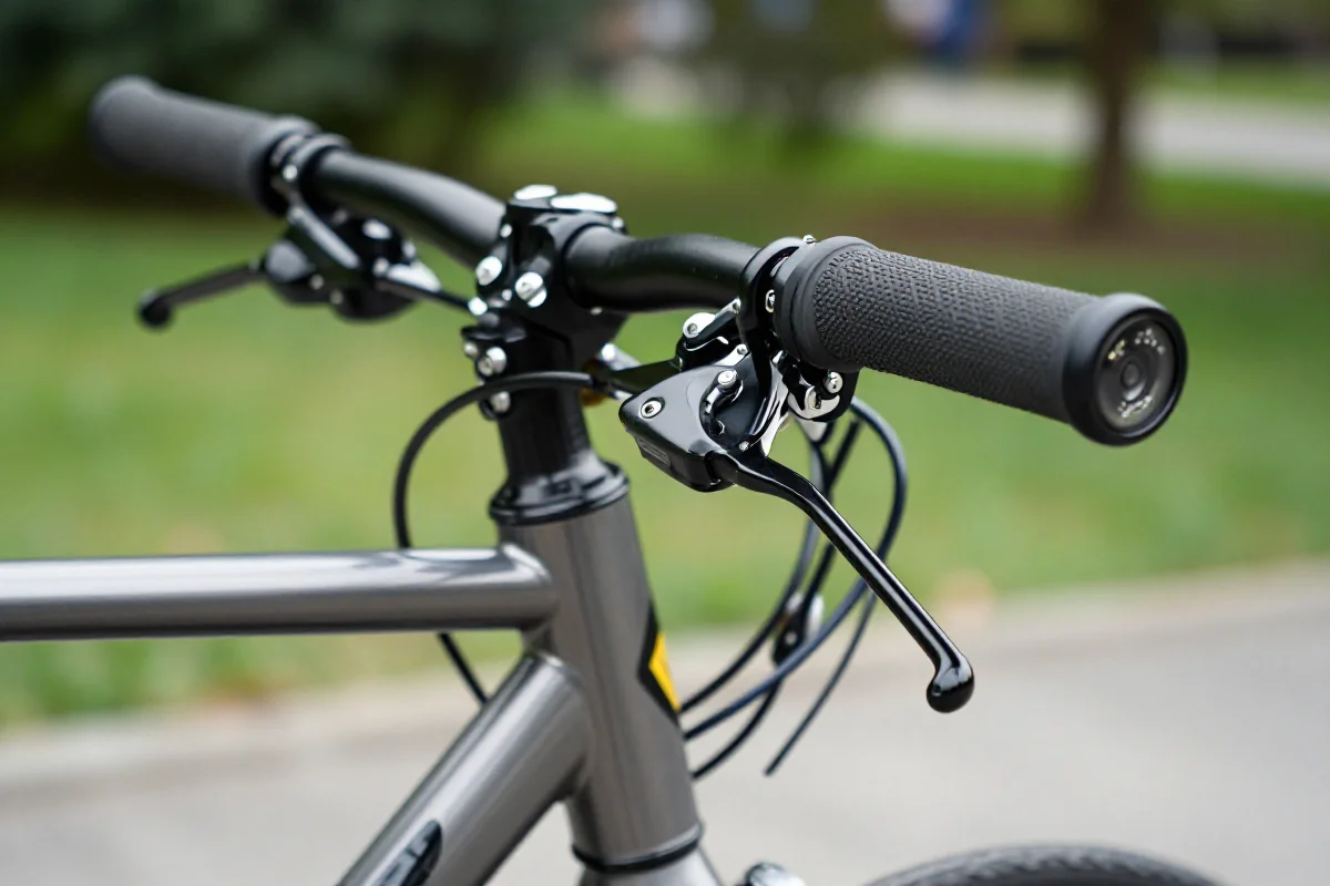 Szczegóły kierownicy roweru z dźwigniami hamulca w parku.