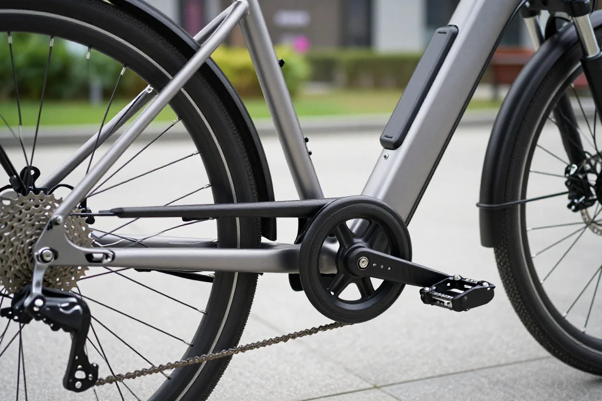 Szczegóły techniczne roweru elektrycznego na tle ścieżki rowerowej.