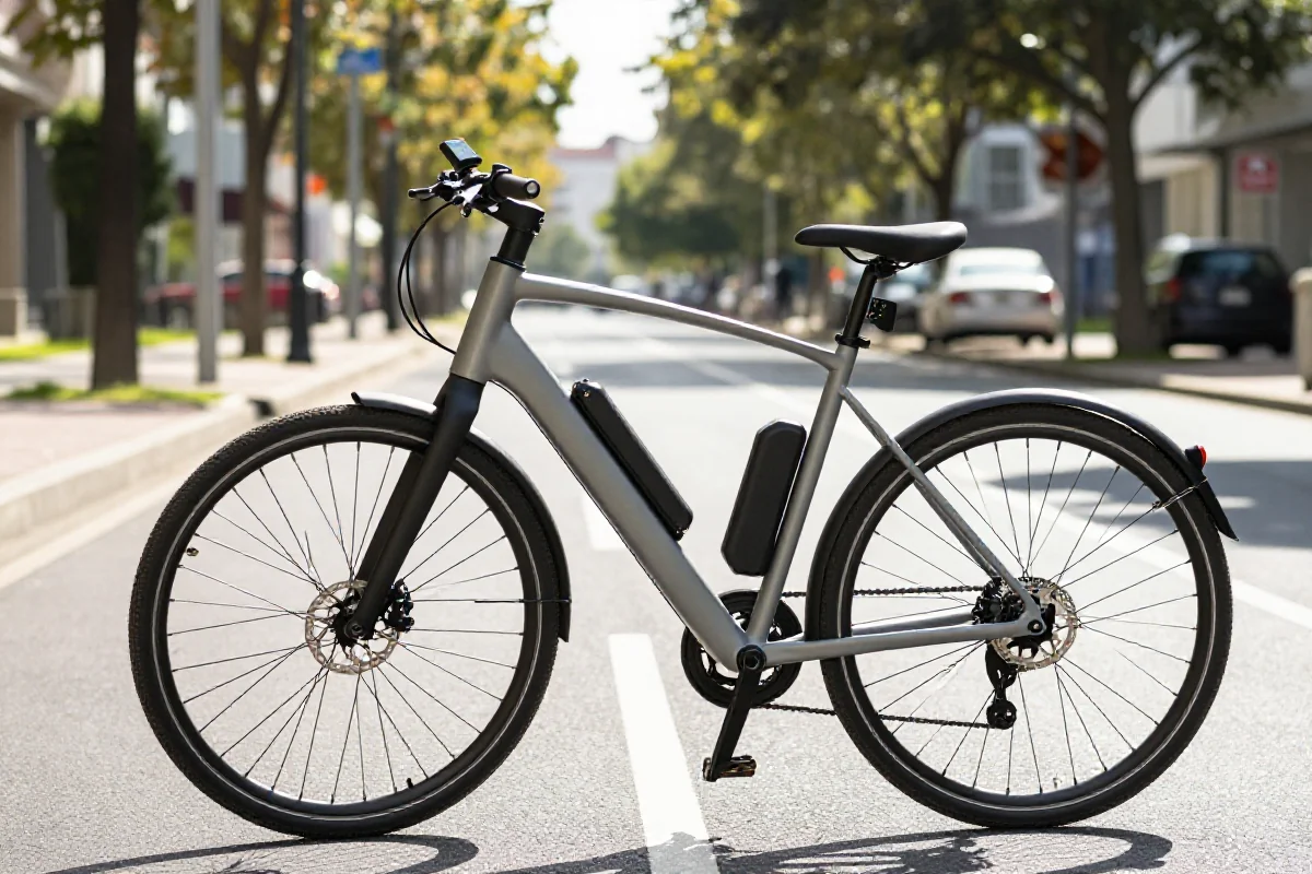 Nowoczesny rower elektryczny na miejskiej ulicy, z widocznym akumulatorem.