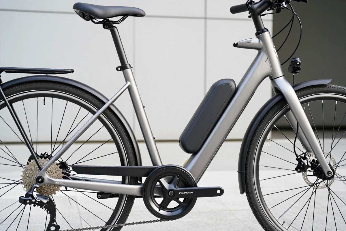 Nowoczesny rower elektryczny z akumulatorem w minimalistycznym otoczeniu miejskim.