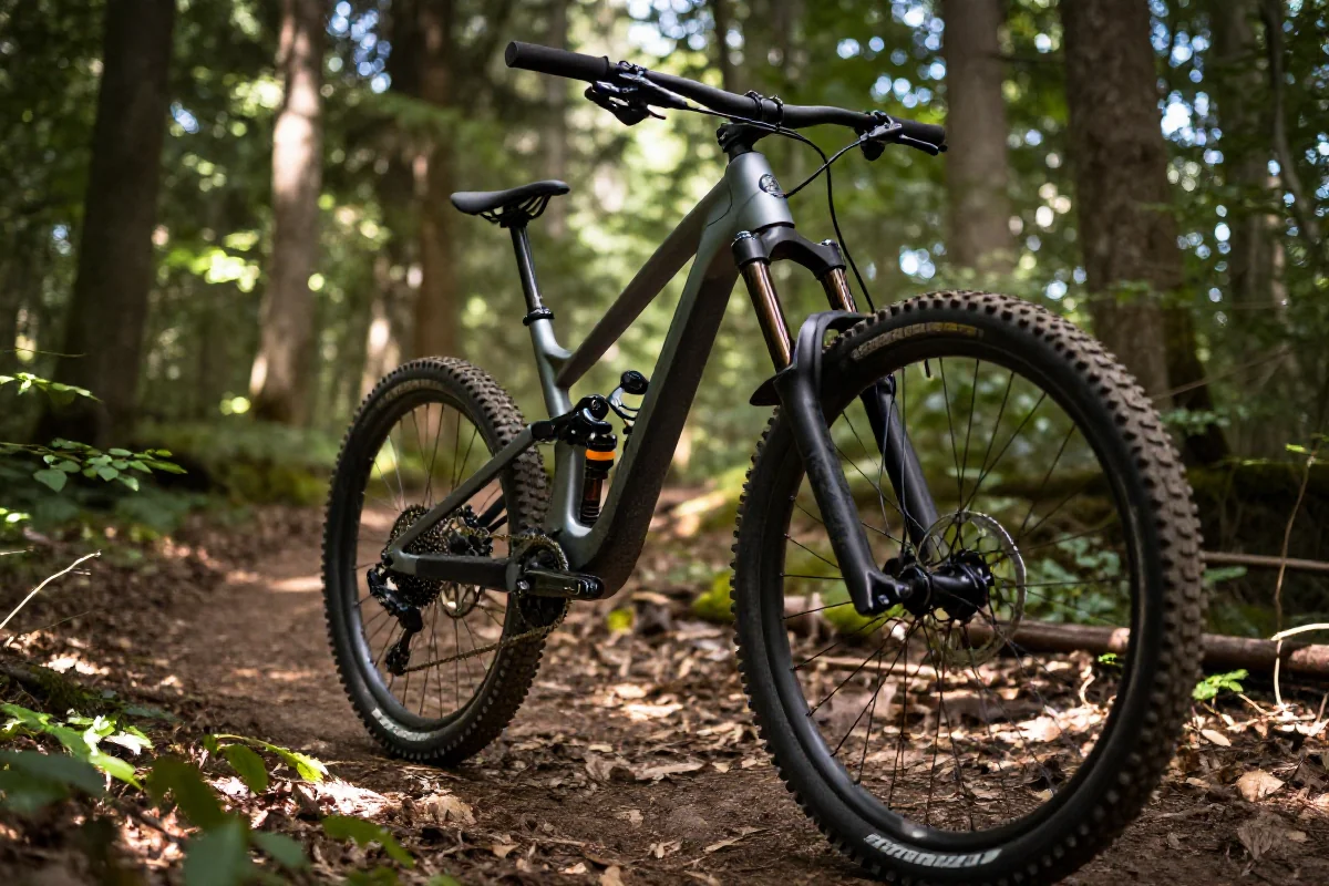 Rower górski na leśnej trasie, szczegóły komponentów i oświetlenie naturalne.