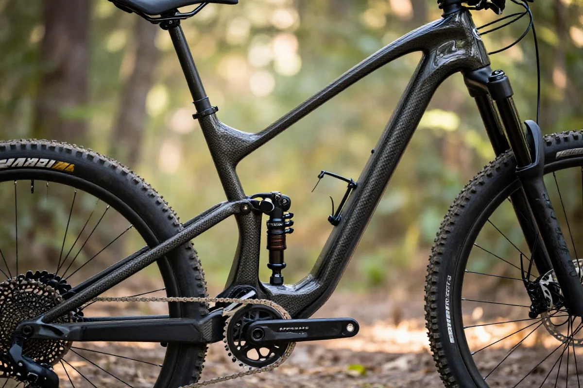Wysoce jakościowy rower górski z nowoczesnym zawieszeniem i ramą z włókna węglowego.