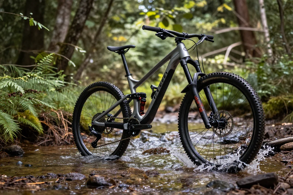 Rower górski pokonujący przeszkodę wodną w lesie, idealne warunki do jazdy.
