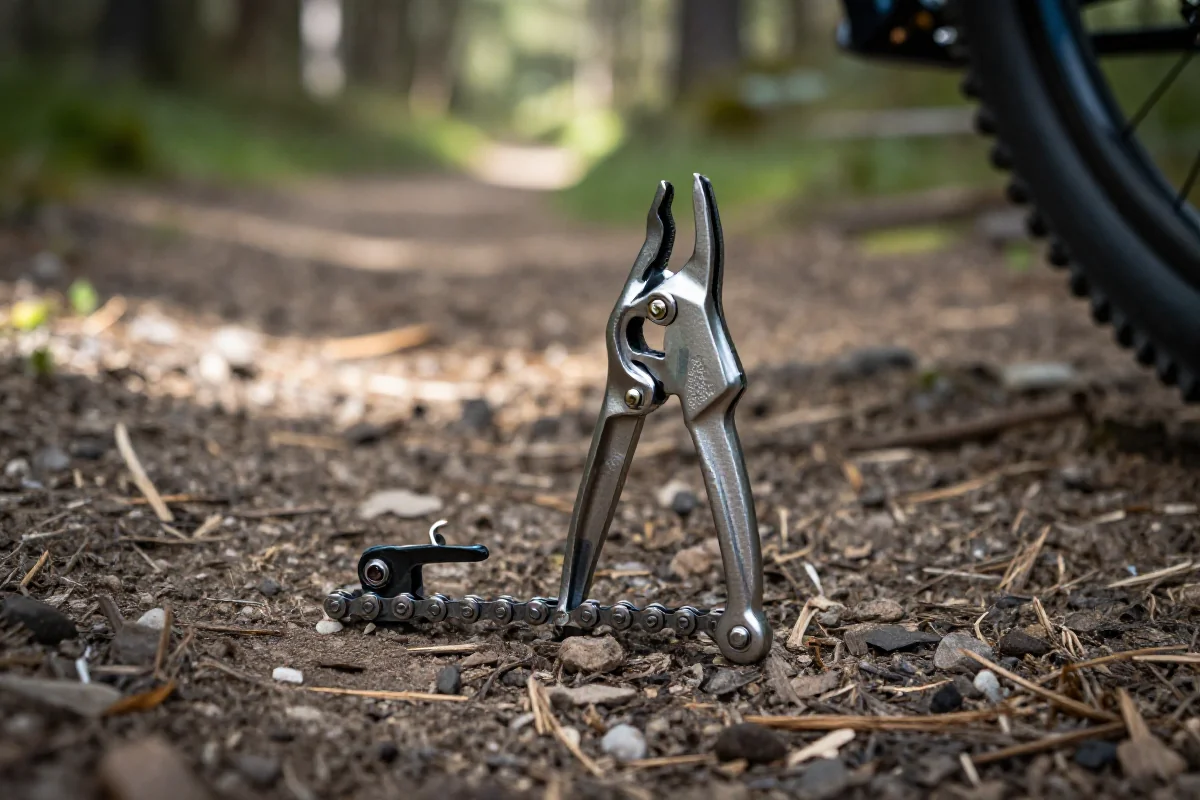 Narzędzia do naprawy przerwanego łańcucha roweru górskiego na szlaku