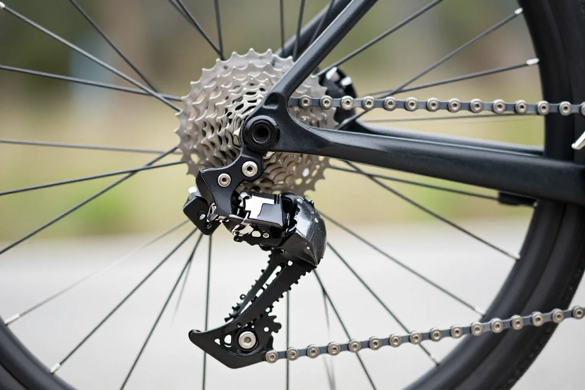 Zbliżenie na przerzutkę rowerową, ukazujące szczegóły mechanizmu i komponentów.