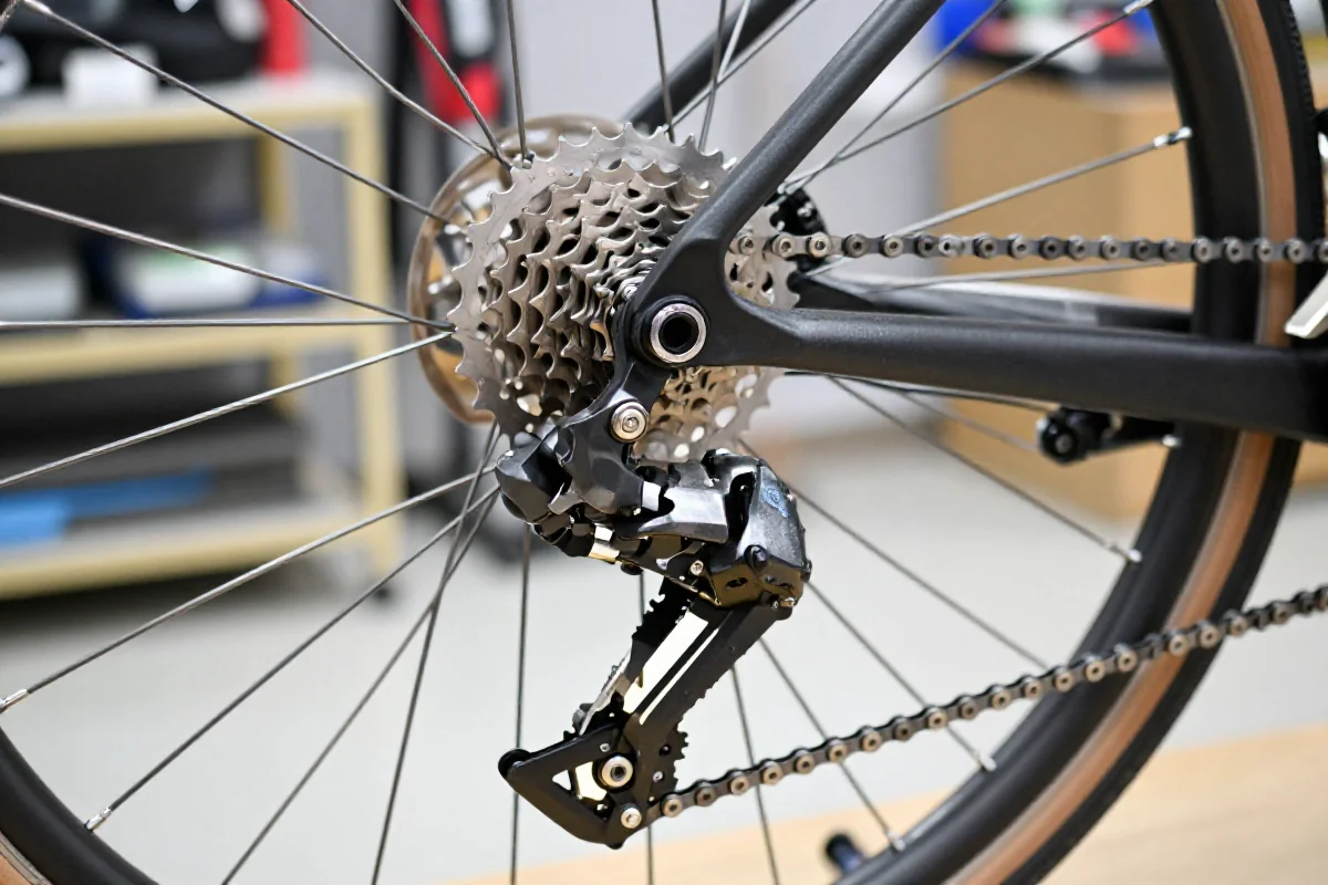 Skrzynka przerzutki rowerowej w warsztacie, skupiająca się na detalach napędu.